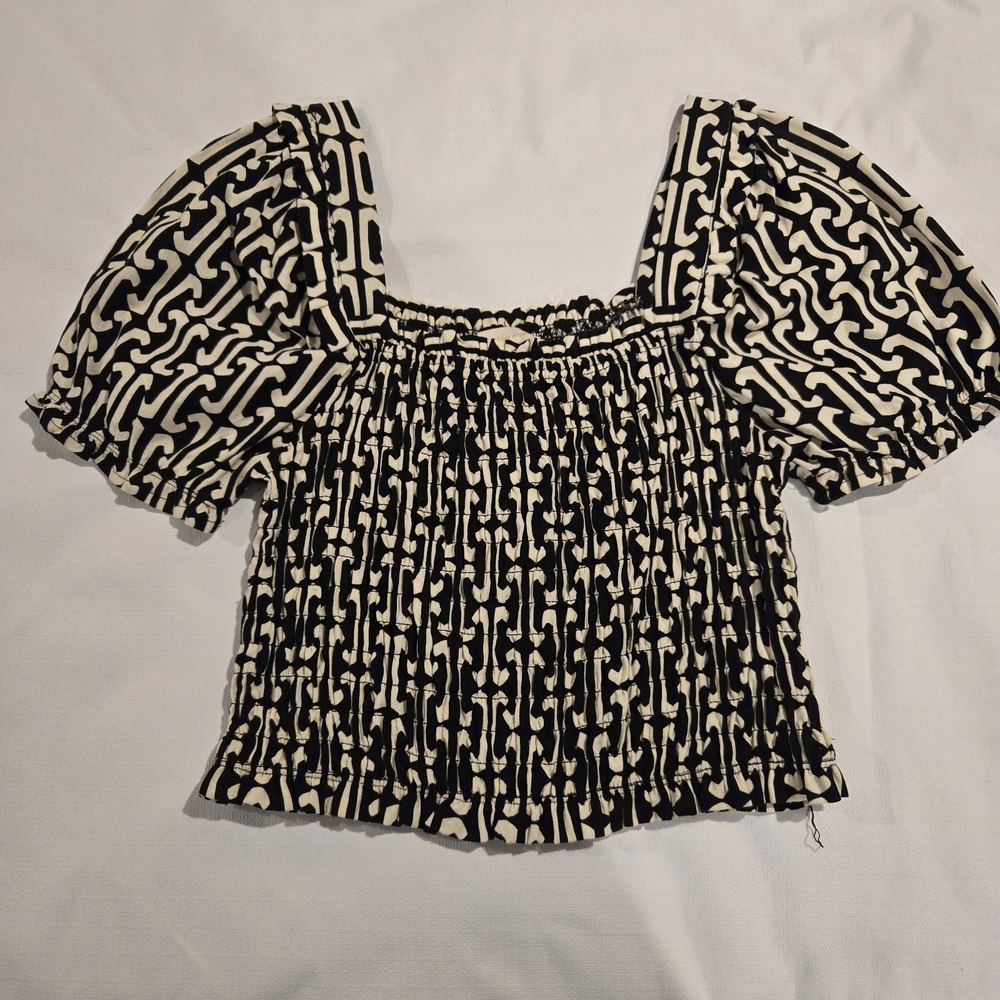 NWT Monteau Boho Peasant Linen Blend Top Puff Sleeves Ruffled Edges L